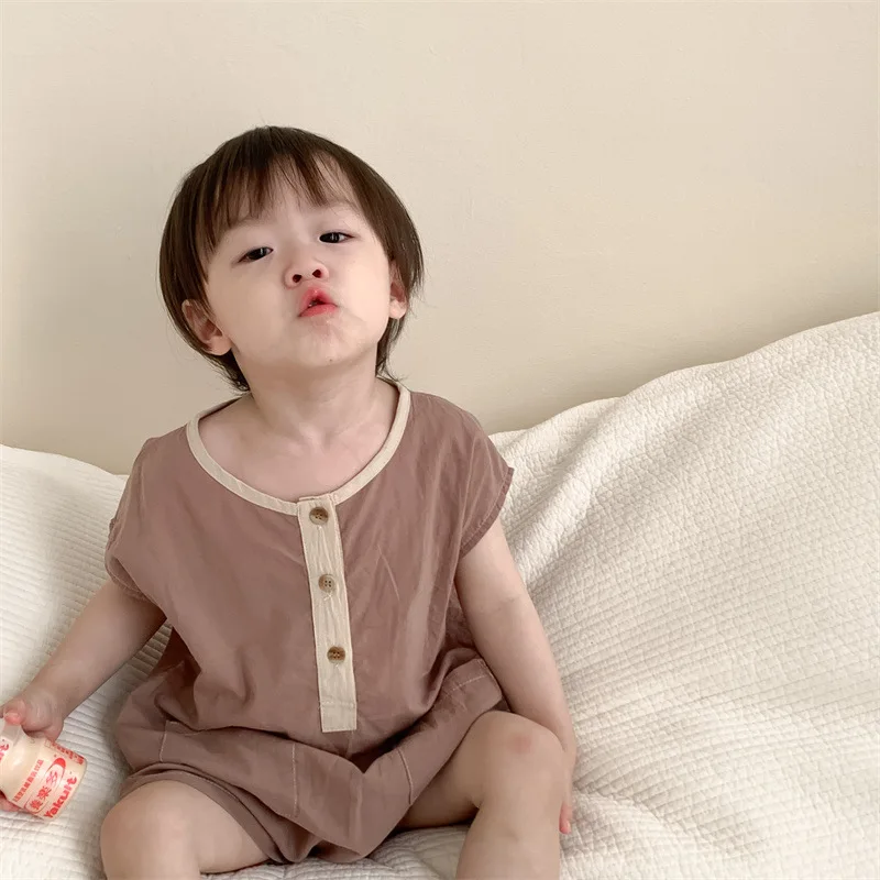 2024 New Baby Sleeveless Romper Solid Boy Girl Newborn Loose Breathable Jumpsuit Infant Toddler Summer Cotton Thin Clothes 0-24M