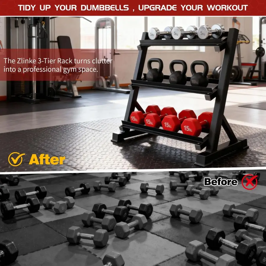 رف الدمبل من 3 طبقات منظم تخزين الوزن متعدد المستويات لصالة الألعاب الرياضية المنزلية، رف الوزن للدمبل، أجراس Kettlebells، سعة 1100 رطل Ra