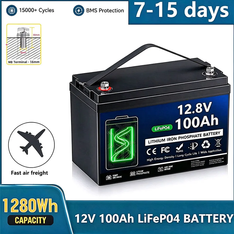 12V 100Ah LiFePO4 Lithium Battery 1280Wh 15000+ Deep Cycles RV Marine Trolling Motors Off-grid Rechargeable Batteries