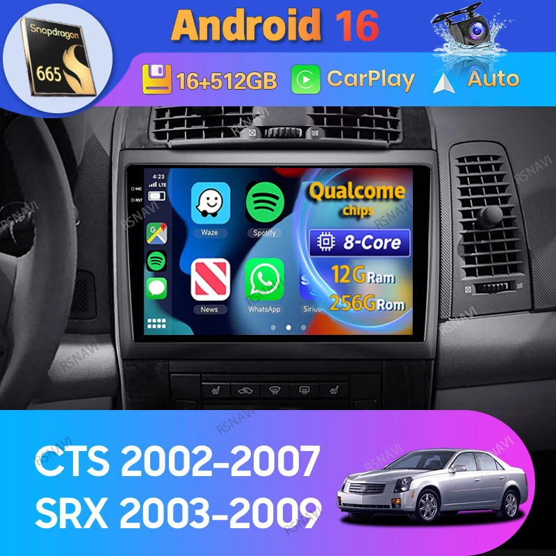 Radio para Auto Android 16 con Carplay para Cadillac CTS 2002-2007 SRX 2003-2009, GPS, WIFI+4G, Reproductor Multimedia de Video, Estéreo 2 Din