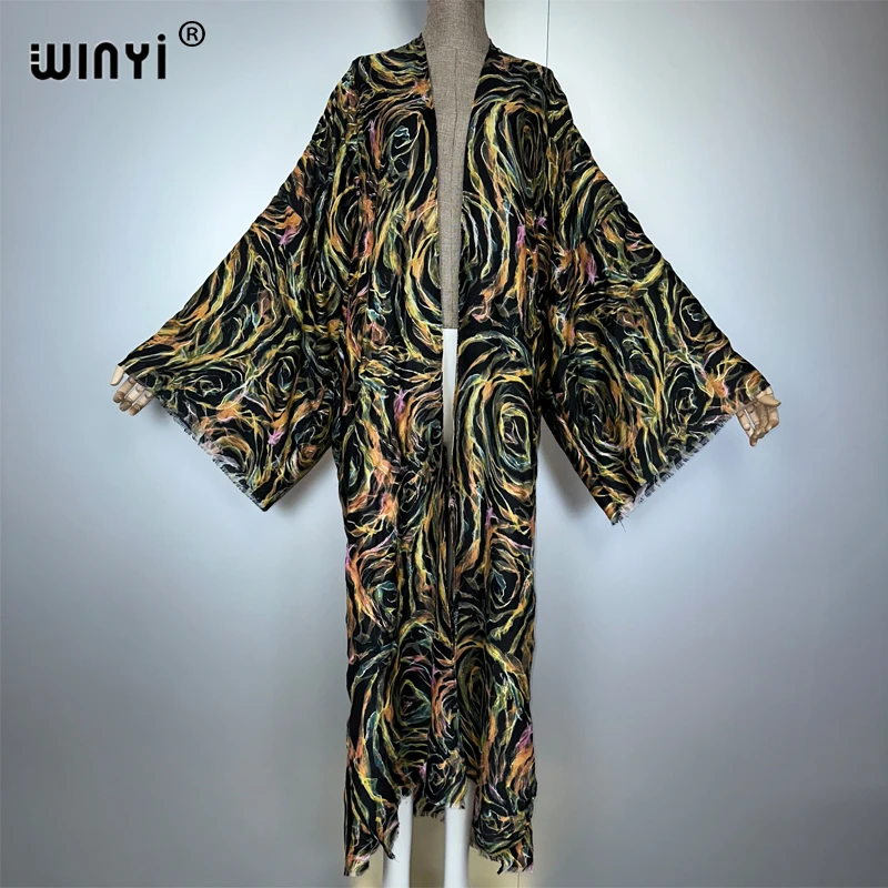 

WINYI Bohemian Kimono Hot stamping cardigan African dress Outerwear For Women fashion kaftan beach cover up abaya dubai luxury