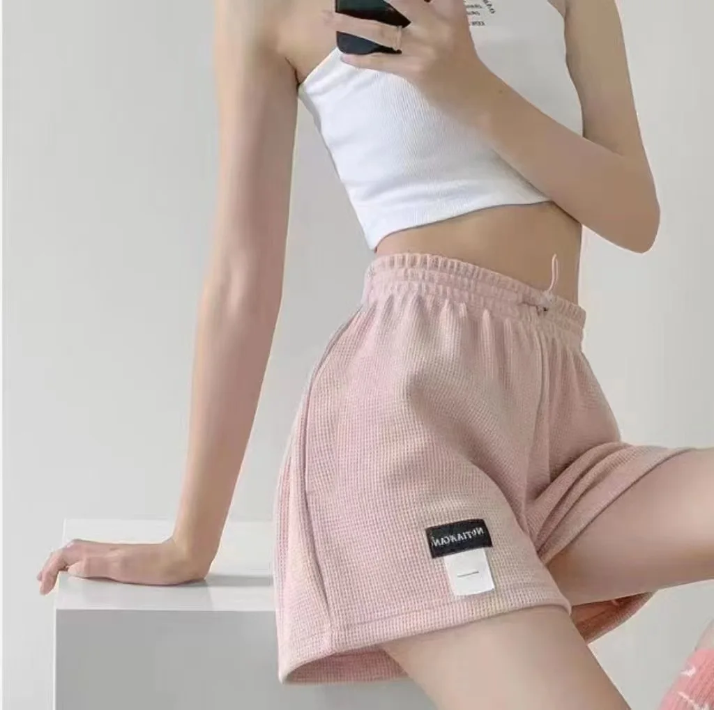 1PC New Summer Waffle Shorts for Women, High Waist Plus Size Loose Casual Pants, Internet Famous Sports Fitness Shorts