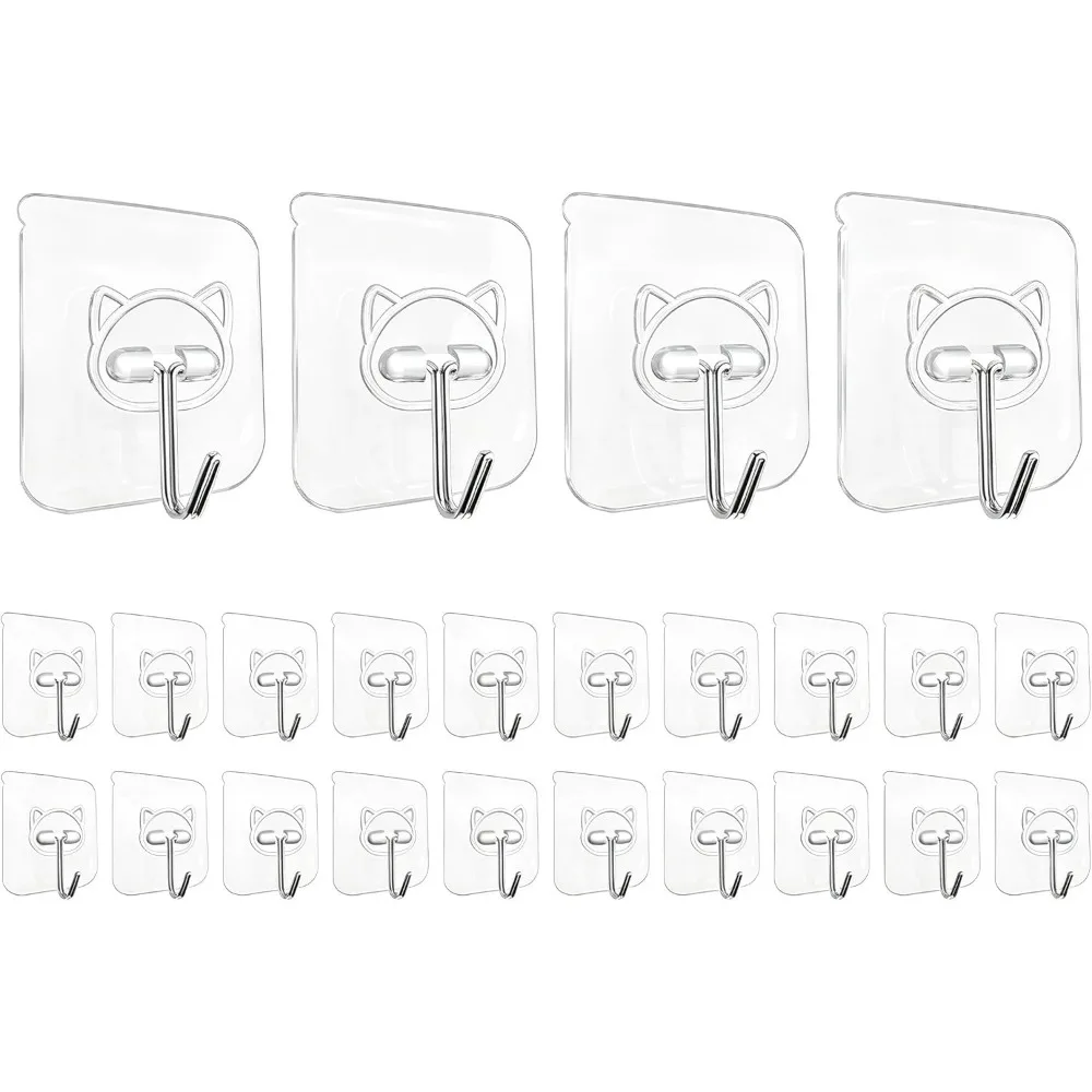 

Heavy Duty Self Adhesive Hooks 24 Pack 33lb Max 304 Stainless Steel Transparent Waterproof for Bathroom Kitchen Outdoor