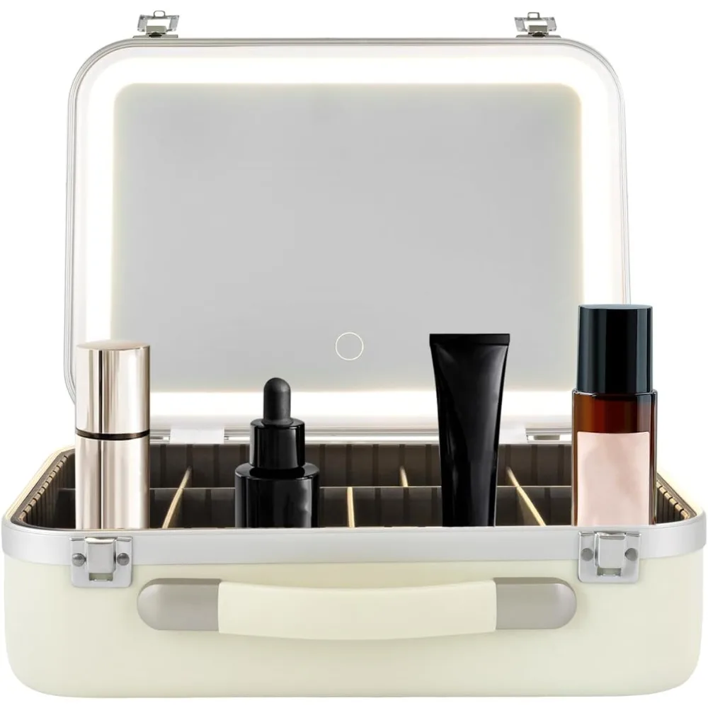 

Makeup Bag with LED Mirror Cosmetics Organizer with 3 Colors Modes Lights 2000 mAh Compartment Travel Make up Box for Women
