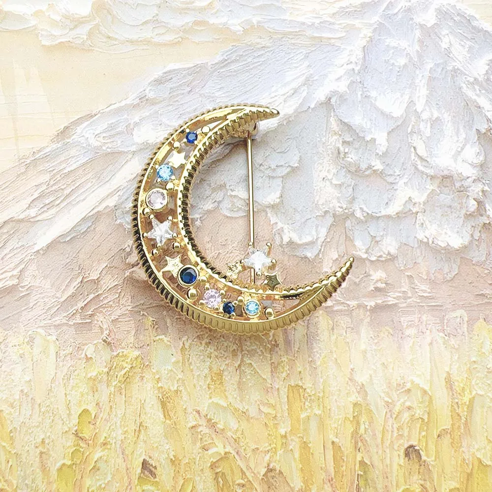 Colorful Moon Golden Brooch Brand New Fine Jewelry Romantic Gift For Women in Pure 925 Sterling Silver