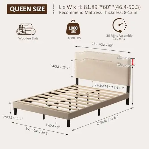 Queen Size Bed Frame with Upholstered Headboard, Platform Bed with Linen Adjustable Headboard | Classic Elegant Studded