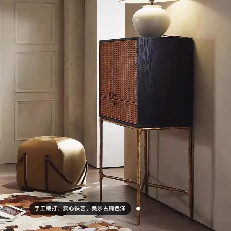 Furniture hand-forged wrought iron wine cabinet light luxury medieval, storage rattan high cabinet