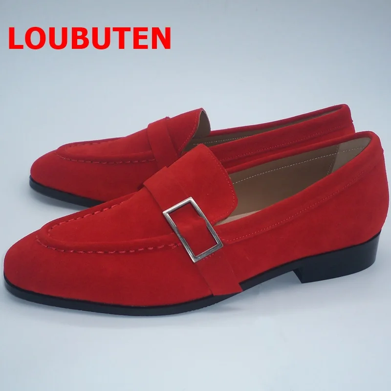 

LOUBUTEN Red Men Suede Loafers New Fashion Monk Strap Itallian Dress Shoes Handmade Slip On Leather Casual Shoes