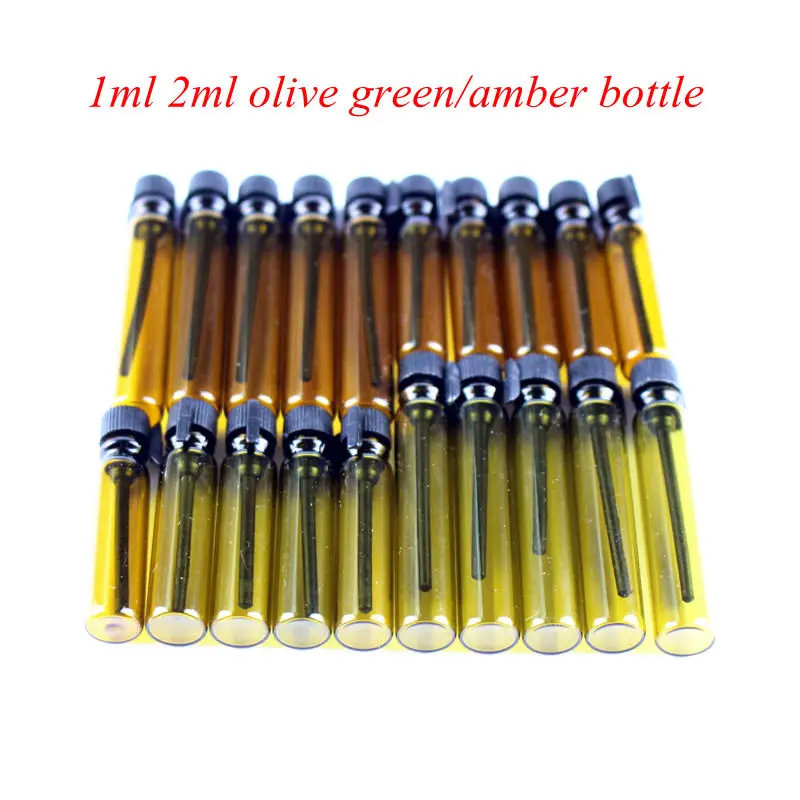 100pcs/lot 1ML 2ML Olive Green / Amber Travel Glass Perfume Bottle For Essential Oils Empty Cosmetic Trial Thin Glass Bottle