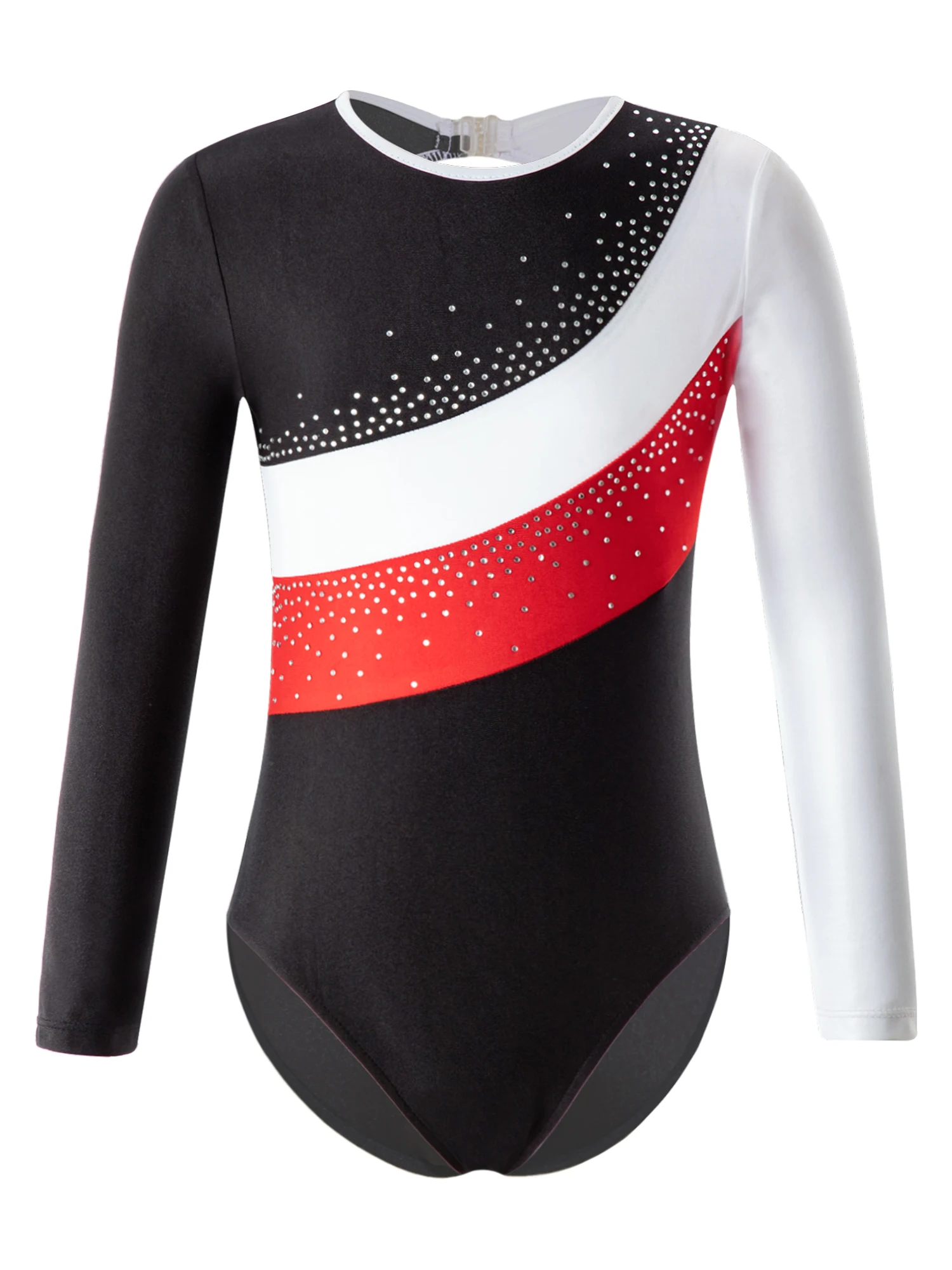 

Kids Girls Long Sleeve Round Neckline Patchwork Dancewear Hollow Back Shiny Rhinestone Decorated Contrast Color Dance Leotards