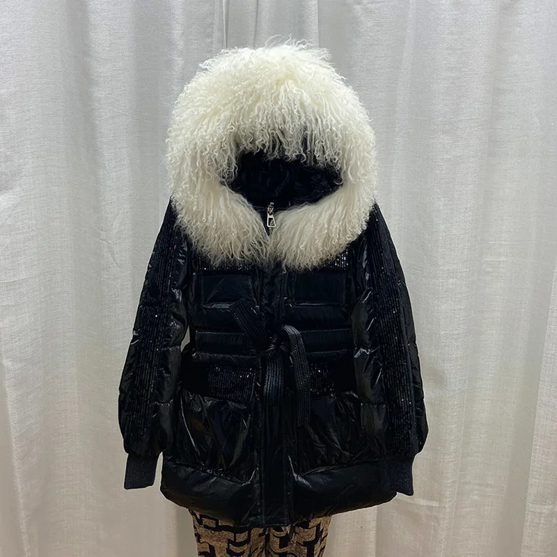 2023 New Real Natural Raccoon Fox Fur Hooded Winter Coat Belts Women White Duck Down Jacket Thick Warm Parkas Outerwear