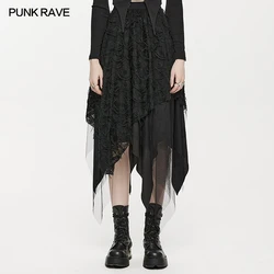 PUNK RAVE Women's Punk Style Dry Butterfly Asymmetrical Half Skirt Fashion Mesh Burnt and Tattered Female Black