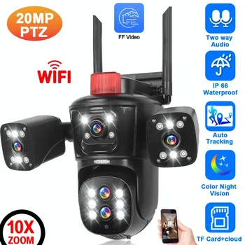 무선 PTZ IP 카메라, 4 개 화면, 10X 하이브리드 줌, 야외 360 ° 파노라마 뷰, 와이파이 CCTV 보안 감시 카메라, 4K, 20MP