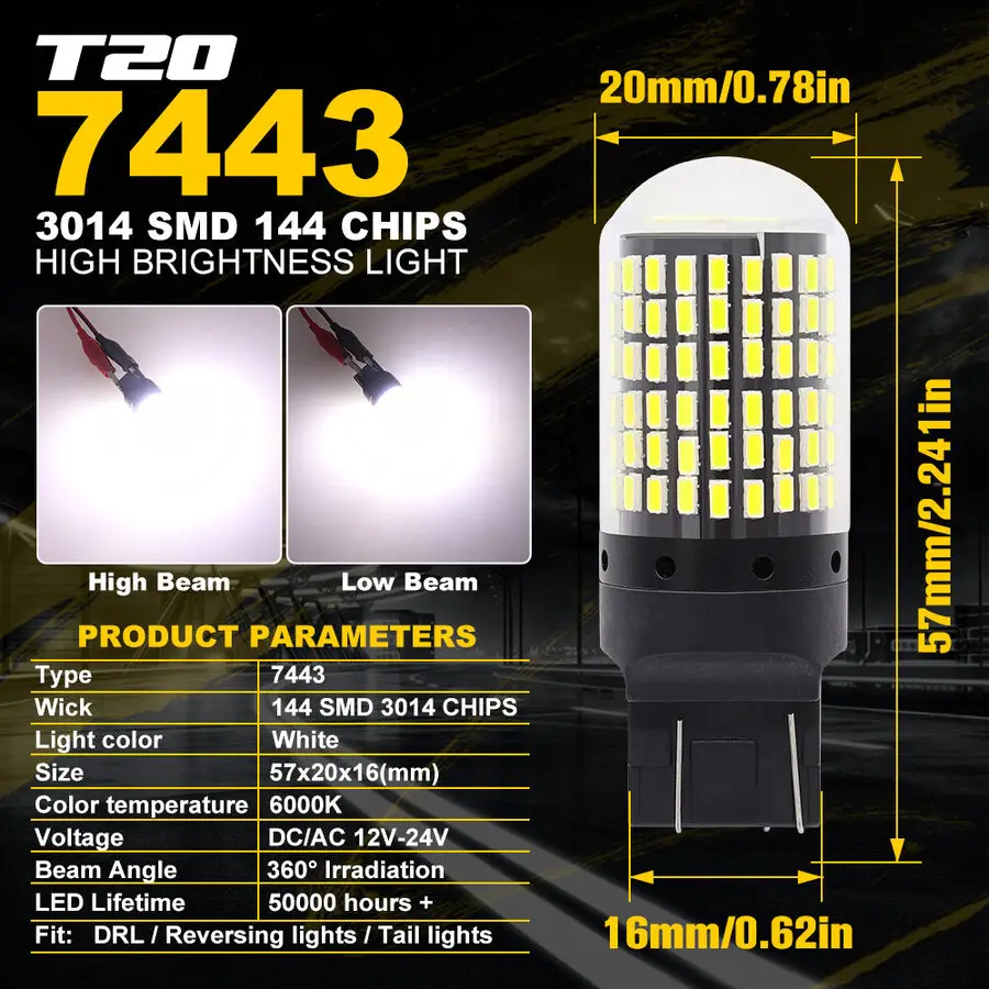 2x White 7443 7440 T20 LED CANBUS 144SMD Car Turn signal Light Reverse Lamp Bulb