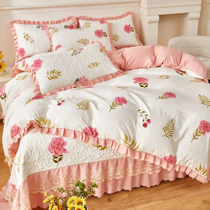 

Rose Floral Duvet Cover Queen Size, Washed Cotton Linen Ruffle Bedding Set Romantic Flowers Comforter Cover With 2 Pillow Shams