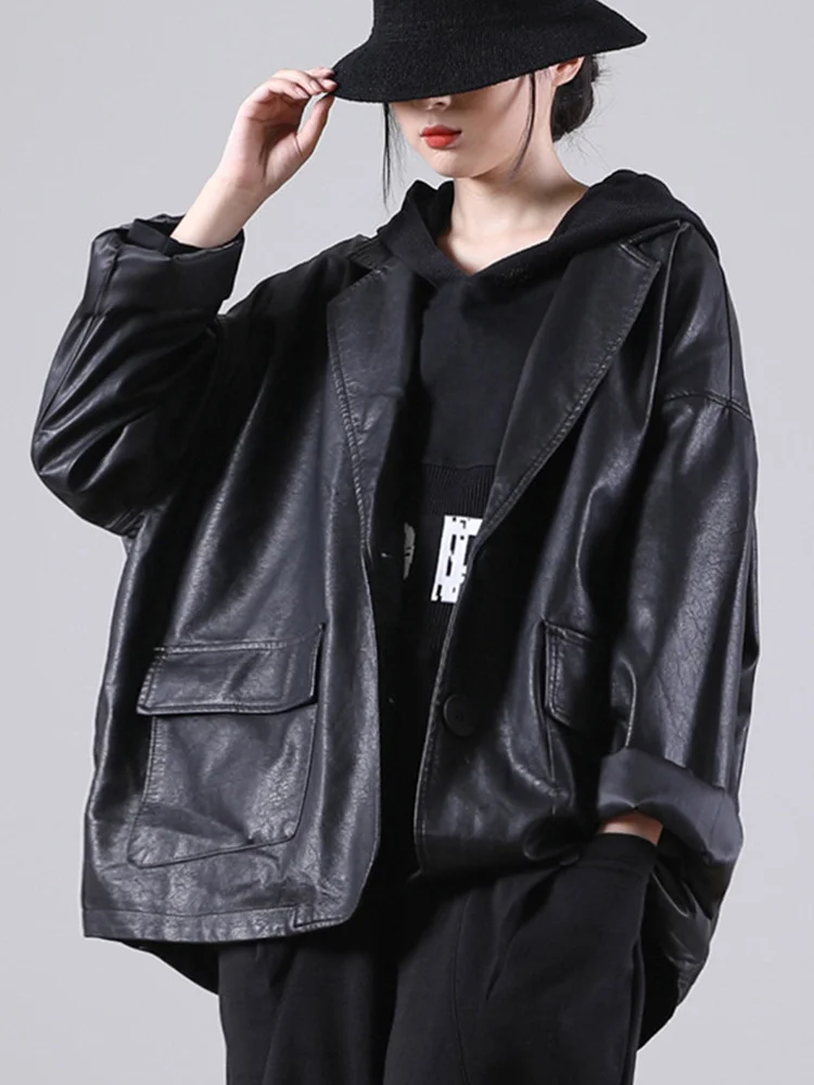 Masss Wasss 2024 primavera nueva moda chaquetas de piel sintética para mujer suelta negro Casual abrigos de motociclista señoras Harajuku Punk Pu prendas de vestir exteriores