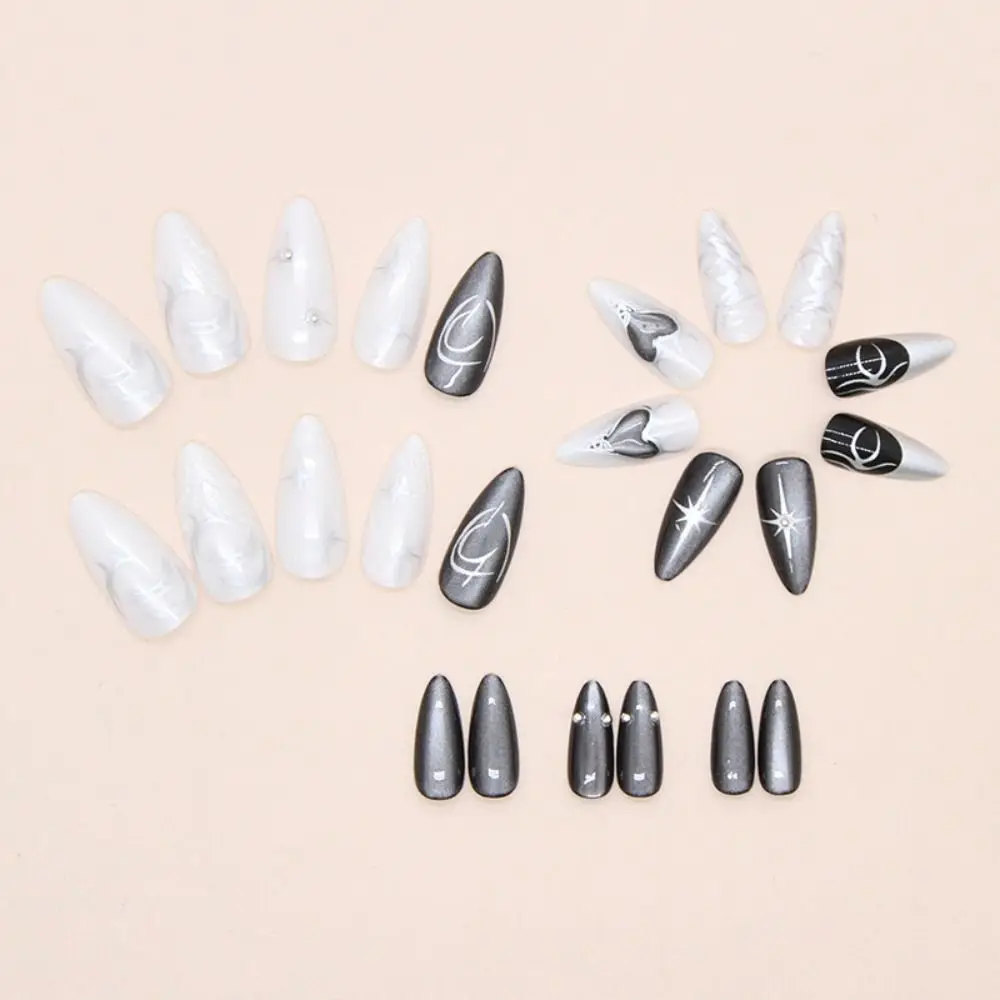 24pcs Long Almond False Nails Crystal Heart White Flower French Press on Nails Detachable Shining Starburst Gold Bow Fake Nails