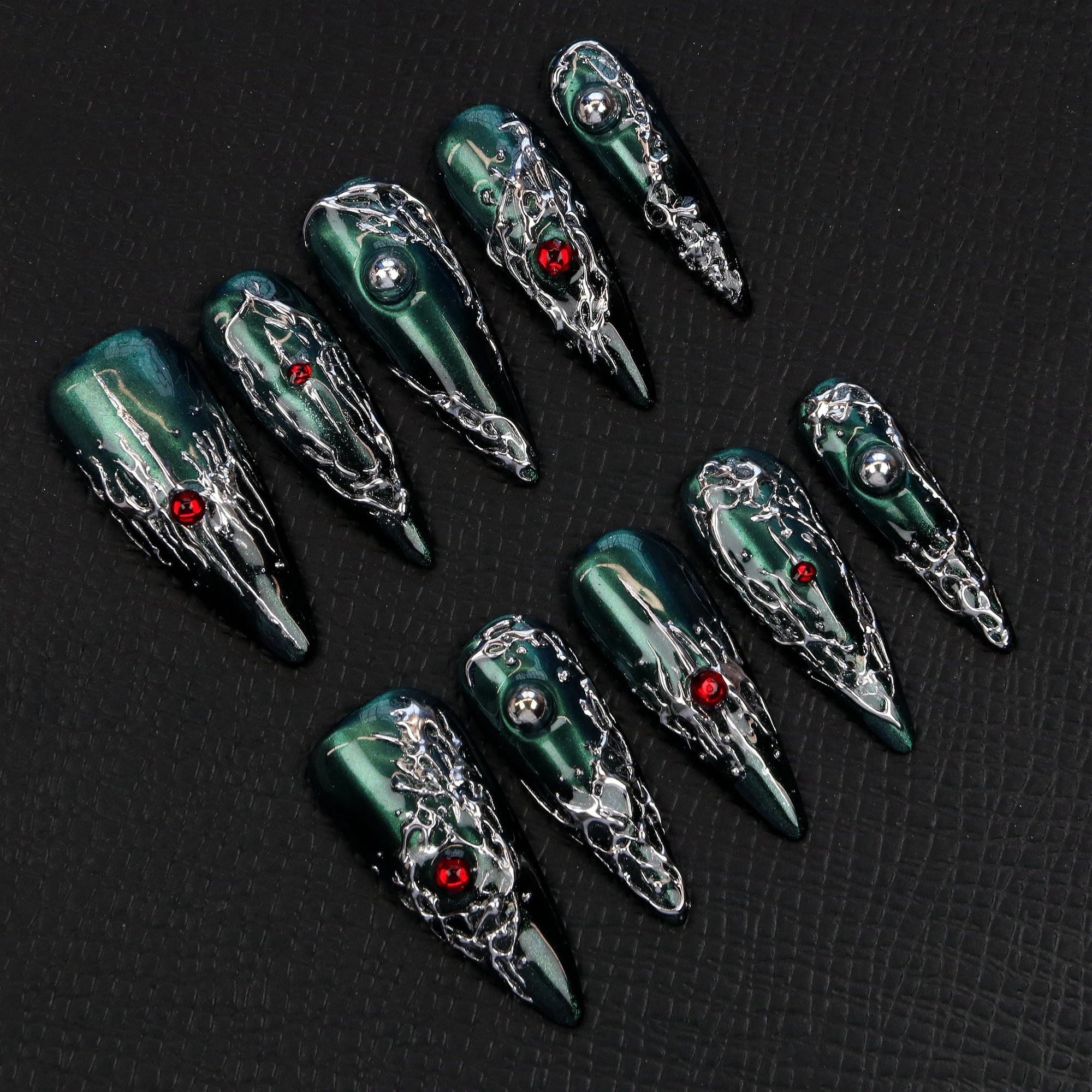 

10 шт., готический длинный накладный ногти на шпильках, темное зеркало Авроры, 3D накладные ногти на заказ, металлический серебристый и зеленый дизайн ногтей в стиле панк