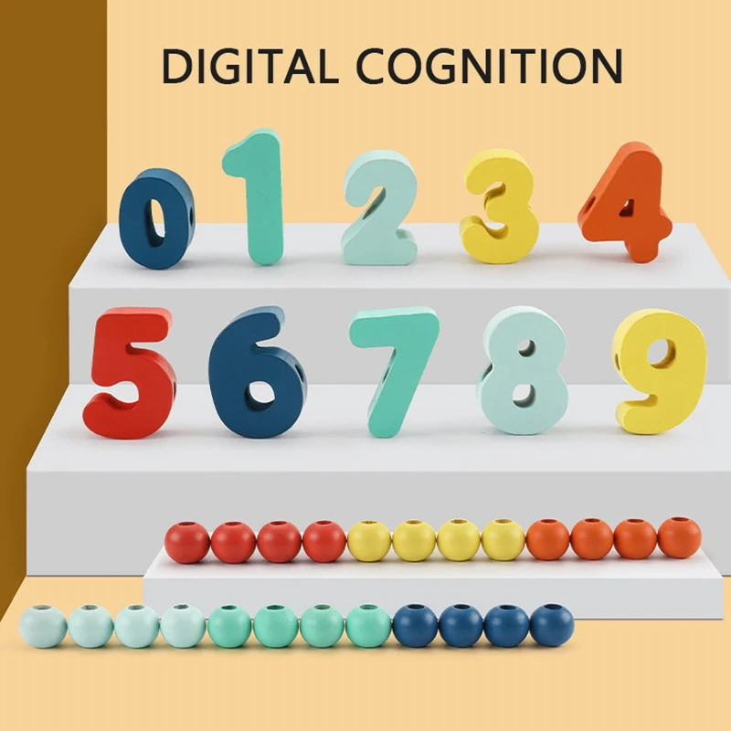 만화 장면 디지털 블록 어린이 목제 장난감, 인지 스트링 스레딩 구슬 게임, 어린이용 교육 장난감