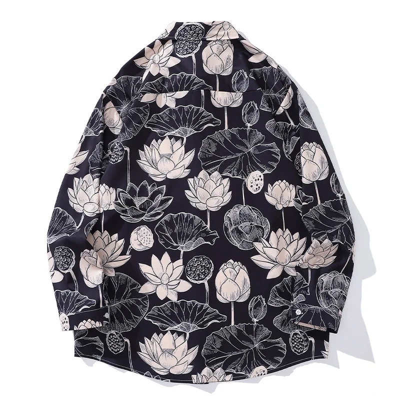 High Street Lotus Flower Graffiti Printed Long Sleeve Shirts for Men Autumn New Fashion Lapel Button Shirt Oversized All-match