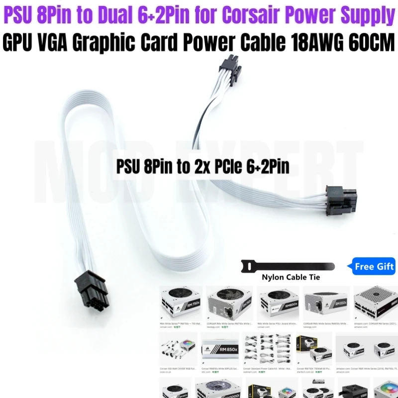 

White CORSAIR PCIe 2x 8Pin 6+2Pin GPU Power Cable for RM750i RM850i RM1000i RM750 RM850 RM750x RM850x CX550F CX650F C750F Power