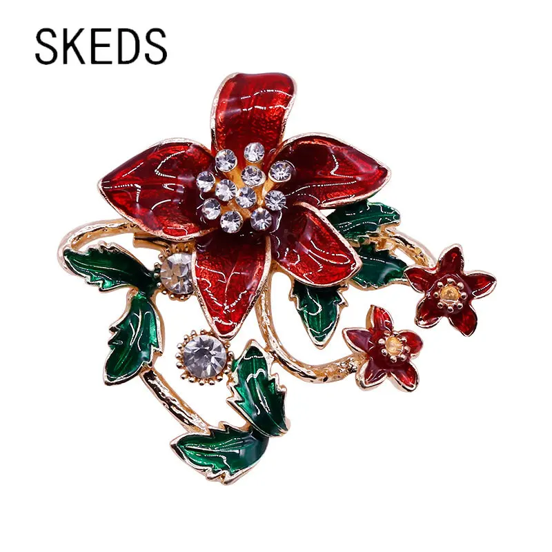 SKEDS Fashion Red Color Enamel Flower Brooches Pins For Women Girls Exquisite Matel Trendy Plant Badges Vintage Party Pins Gift