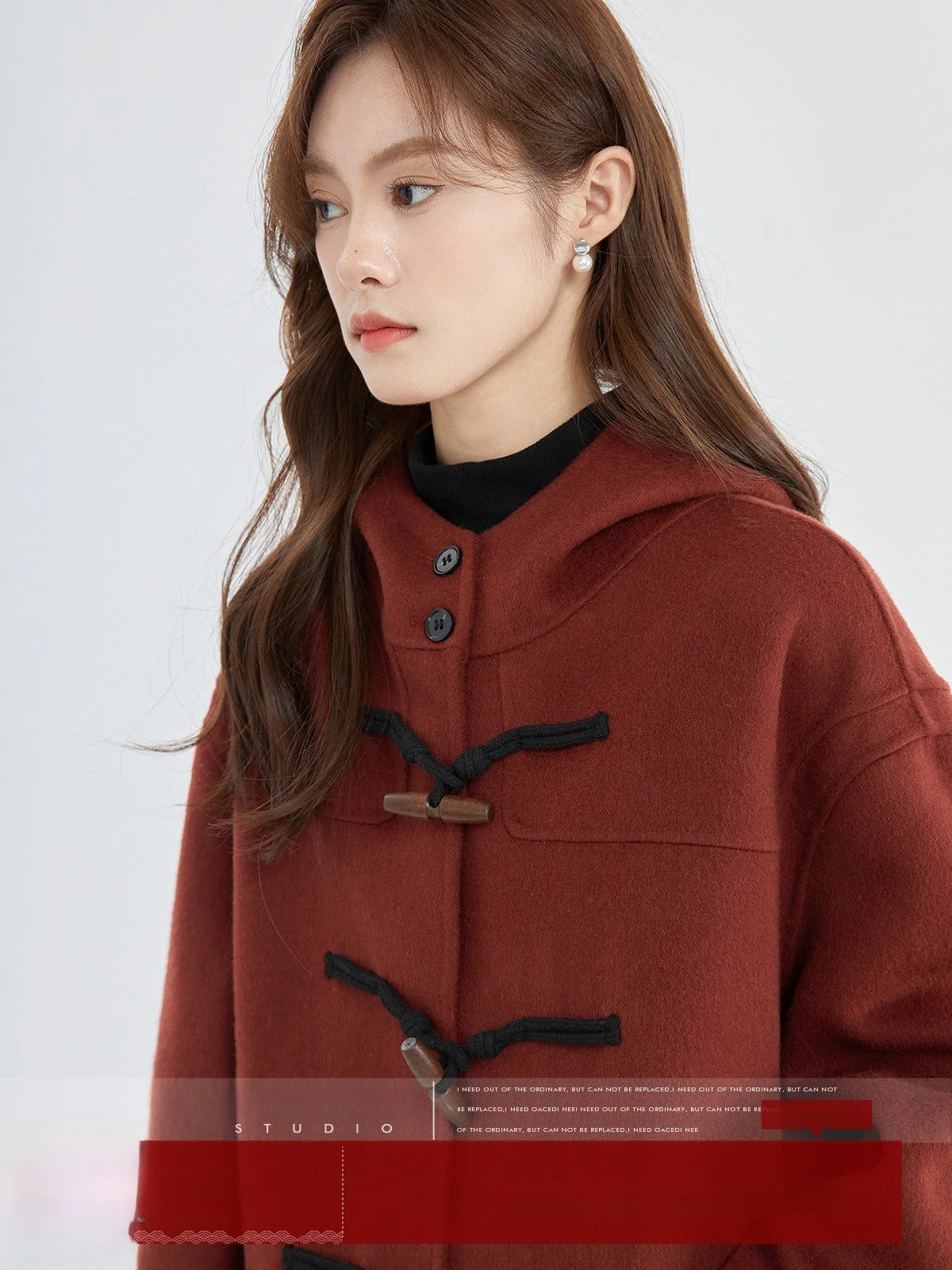 

Red Double-Faced Camere Coat with Button Detail Loose Fit Women's Woolen Jaet Retro Sle Commute Faion Autumn Winter