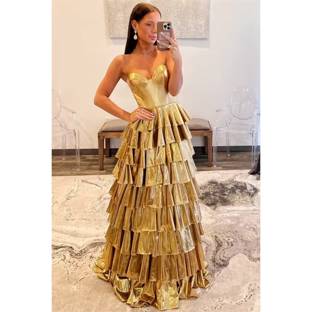 

Gold Tiered Prom Gown New A Line Sweetheart Evening Formal Ruffled Sleeveless Party Dress for Women Customized Vestidos de Noche