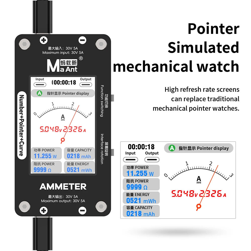 MaAnt Amperometro Intelligente 3 IN 1 Puntatore Digitale Forma d'onda Display Monitor in Tempo Reale Tensione Corrente 30V 5A Riparazione Elettronica