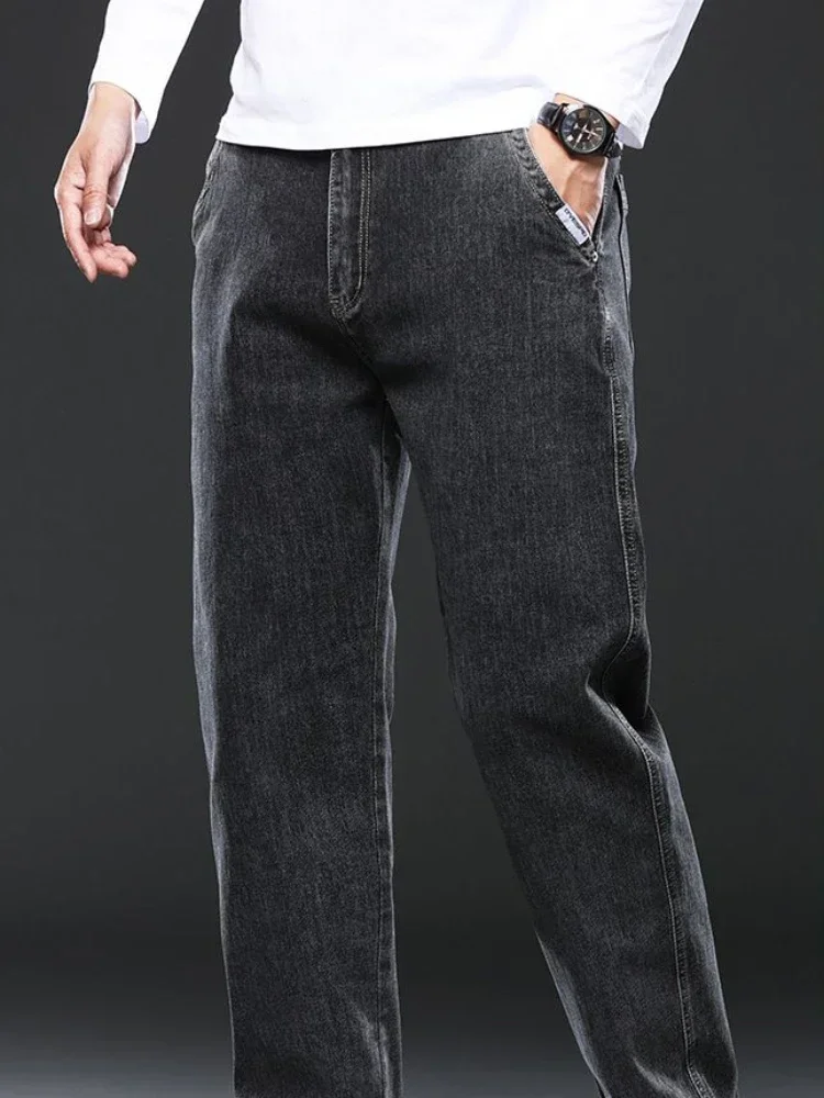Pantalones vaqueros elásticos de talla grande para hombre, ropa informal recta con bolsillos, elástica, Otoño e Invierno