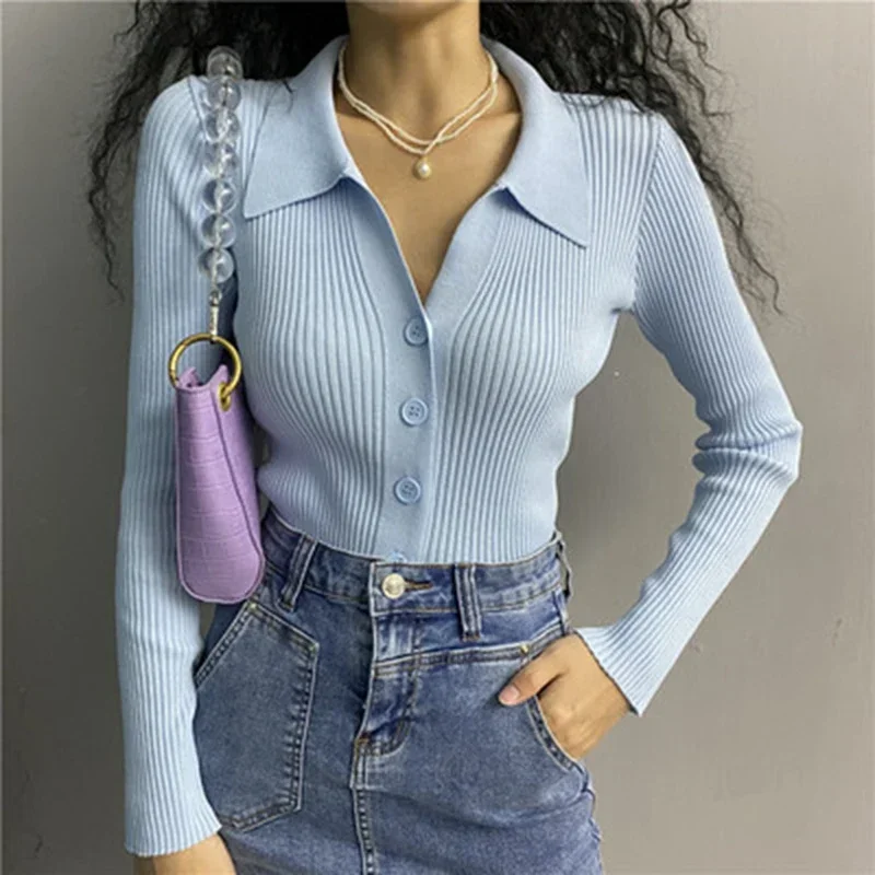 Women V-Neck Single-breasted Cardigan Sweater Polo Neck Long Sleeve Knit Short Sweater Casual Sweater Women Fall Winter