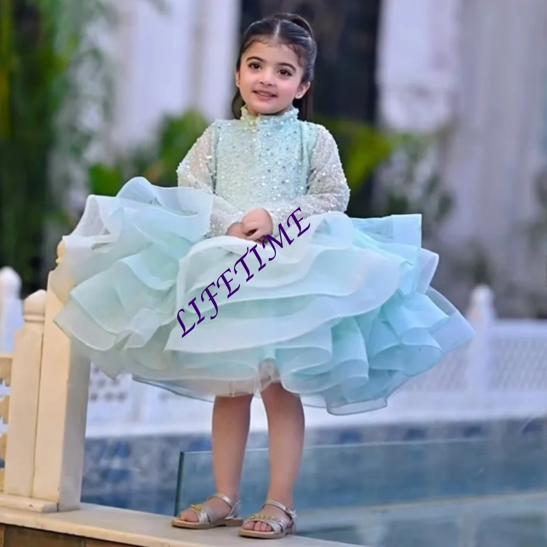 Personalizado adorável brilhante lantejoulas vestido da menina de flor para o casamento alta pescoço mangas compridas puff babados na altura do joelho vestidos meninas birt
