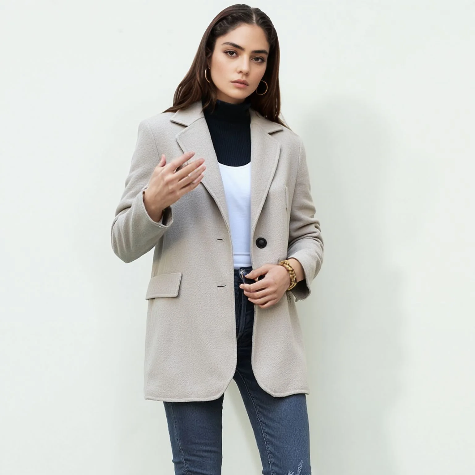 Dames herfst casual wollen reverszak vrouwelijk jasje effen kleur enkele knop pak jas vrouwelijke blazer bovenkleding