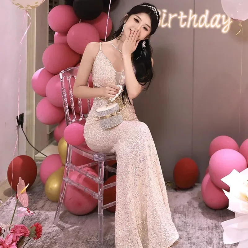 2024 Evening Dress Women's Light Luxury High-end Temperament Celebrity Autumn and Winter Sequins Toast Dress Bridal