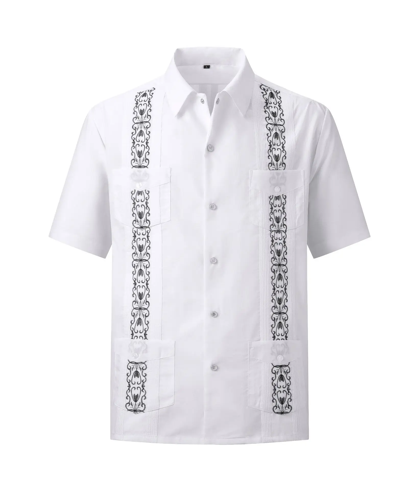 Camisa de Verano para Hombre, Bordada, Manga Corta, Cuello Solapa, Estilo Cubano Guayabera, Talla Grande, Ropa Safari, Cardigan con 4 Bolsillos