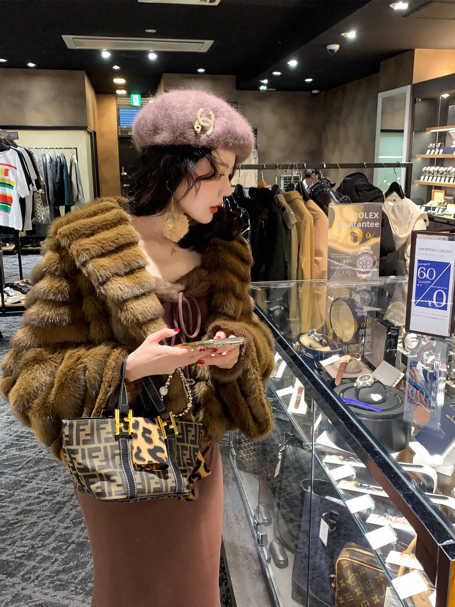 

Ele винтажная шуба с меховым воротником, женская Thiened Long Sve Commute Sle V-Ne, защита окружающей среды, маленькая голова, иллюзия