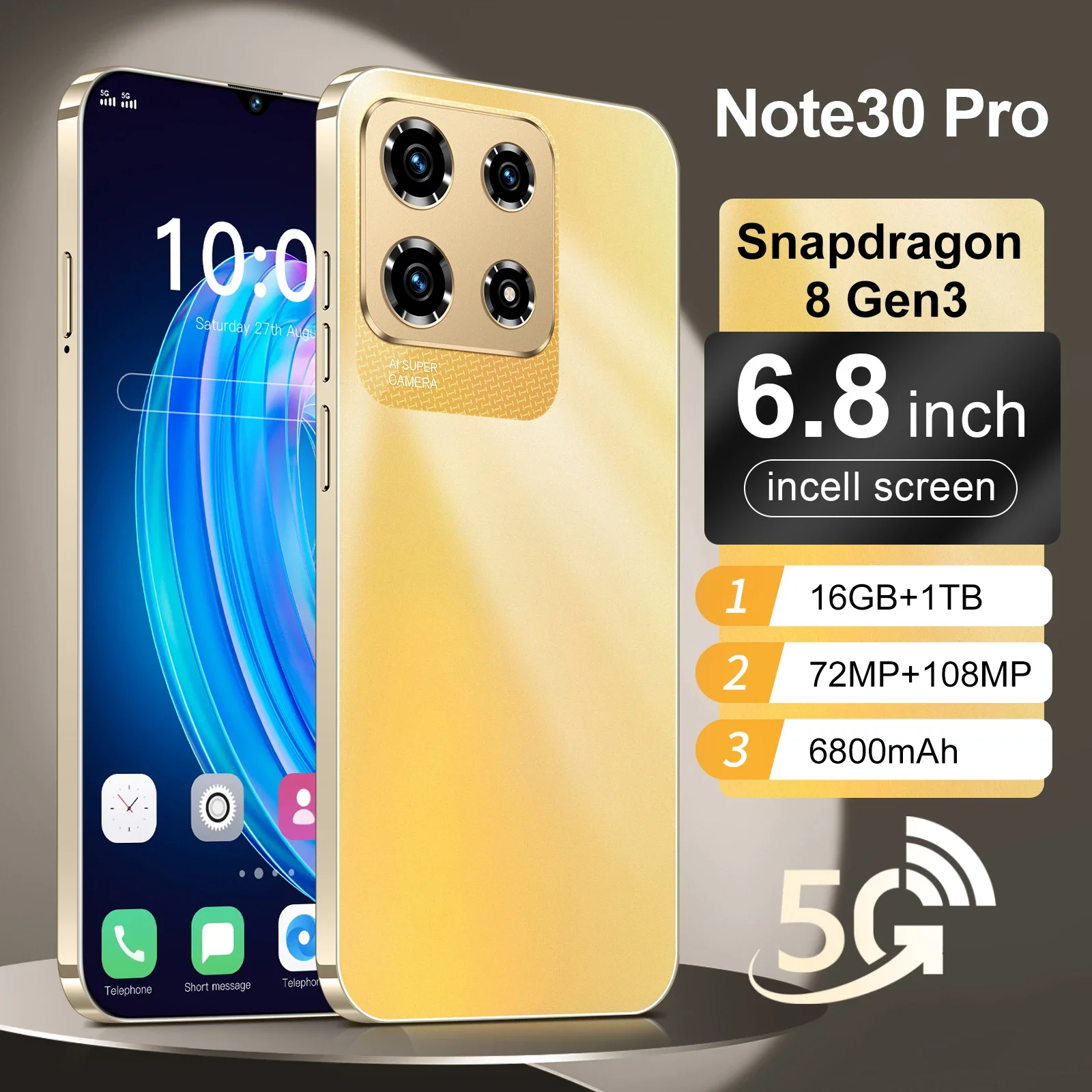 Note30 Pro New Smartphone 5G 7.3-inch High-definition Android 14 Snapdragon8 gen3 10core Dual SIM Phone 6800mAh Unlocking Phone