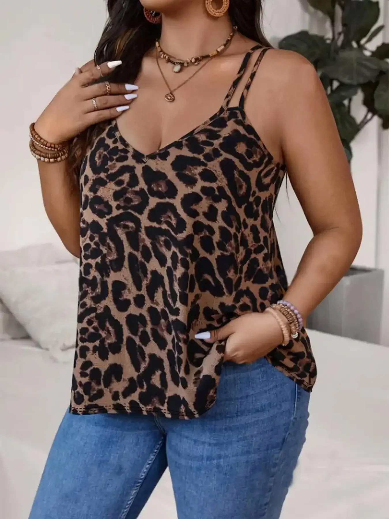 حجم كبير 1XL-5XL جديد المرأة الصيف عطلة تانك القمم السيدات ليوبارد مطبوعة حبال سبليت الشاطئ سترة الملابس النسائية