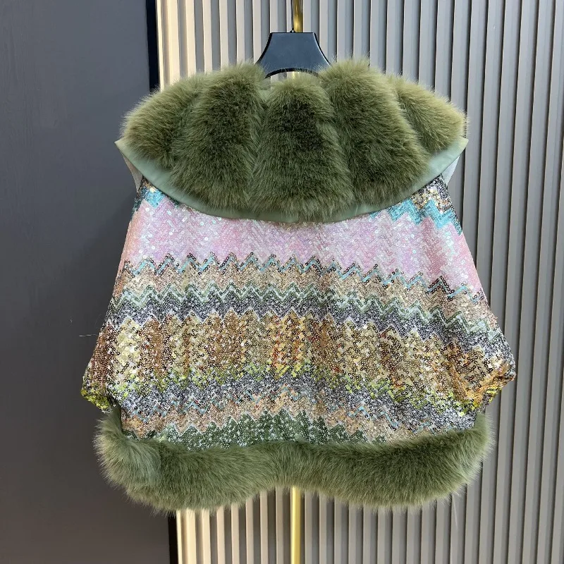 Zimowy, modny płaszcz z wełny i bawełny, imitacja futra lisa, gruby, ocieplany, z cekinami, stylowy, młodzieżowy, krótki płaszczyk ze sztucznego futra dla kobiet.