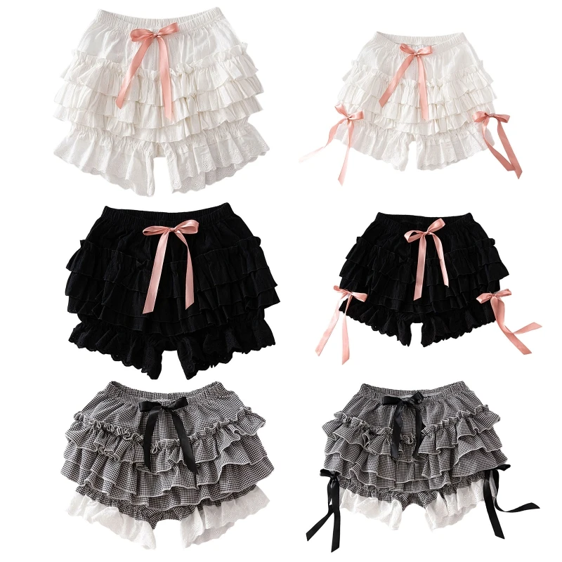 Women Girls Vintage Bloomers Loose Pumpkin Pants Solid Ruffled Lace Hem Sweet Bowknot Gothic Elastic Waist Dropship