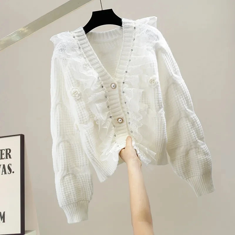 Korejpaa Zachte Vesten Vrouwen Mesh Verstoorde Patchwork Lange Mouw Top Koreaanse Mode 3D Bloem Elegante Trui Jas Femme