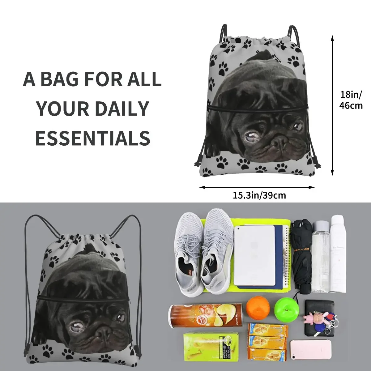 Adorable tas ransel portabel Pug hitam tas tali serut bundel Fashion tas sepatu saku untuk perjalanan olahraga Pria Wanita