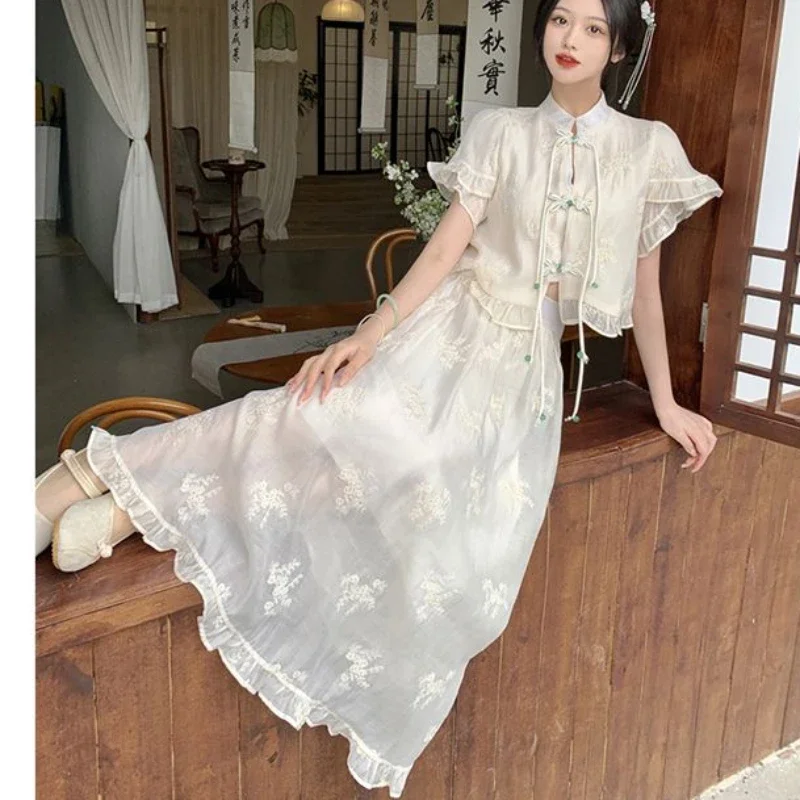 Sweet Lace Short Sleeve Top Half Skirt Set Women's Summer 2023 Fashion Skirt Suit Women's Traditional Chinese Clothing