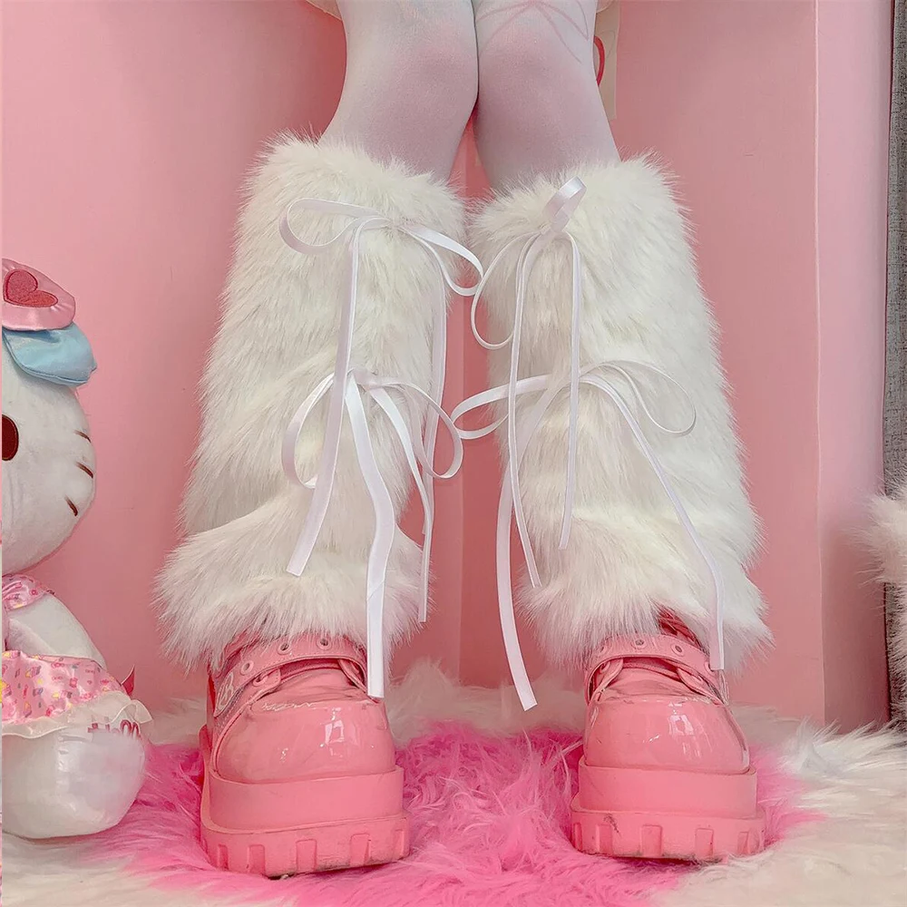 Punk Ribbon Bow Faux Fur Leg Warmers Thickened Imitation Women Leggings Boots Cover Lolita Kawaii Harajuku Party Accessories