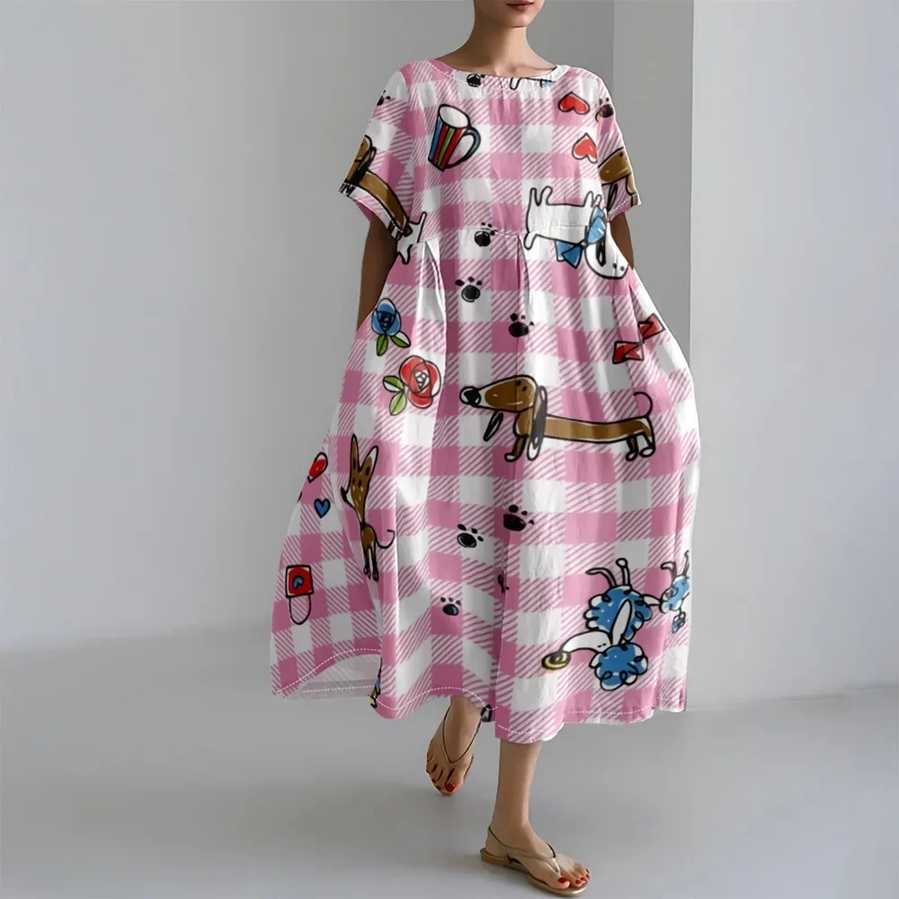 

Women's Animal Cat Print Loose Casual Round Neck Dress Boho Summer Dresses Oversized Loose Dress Elegant Short Sleeve Midi Dress