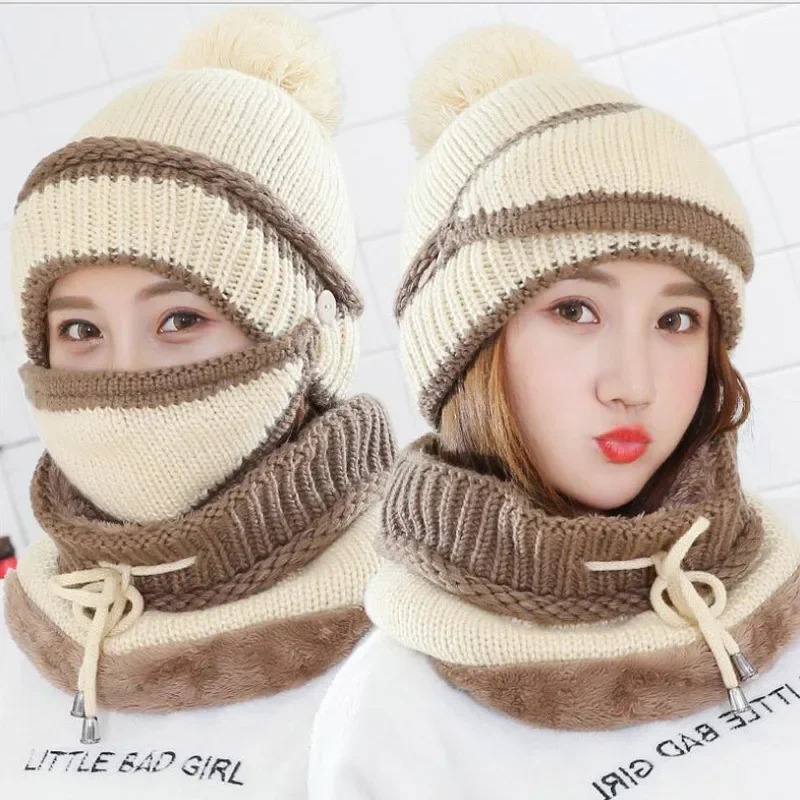 Winter Woolen Yarn Hat Warm Knitted Hat Sweet Cute Mask Neck Set Striped Knitted Hat Women Girl Autumn Winter Cute Turban Cap