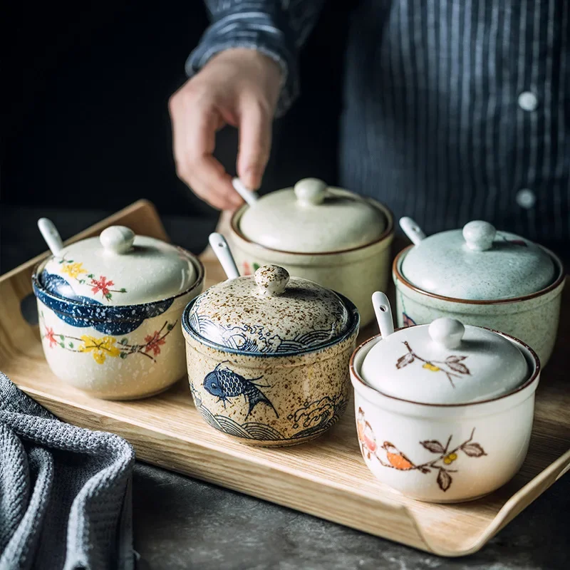 Japanese-Style Retro Porcelain Hand Painted Jar Salt Jar Gourmet Powder Can Box Household Kitchen with Seasoning Spoon