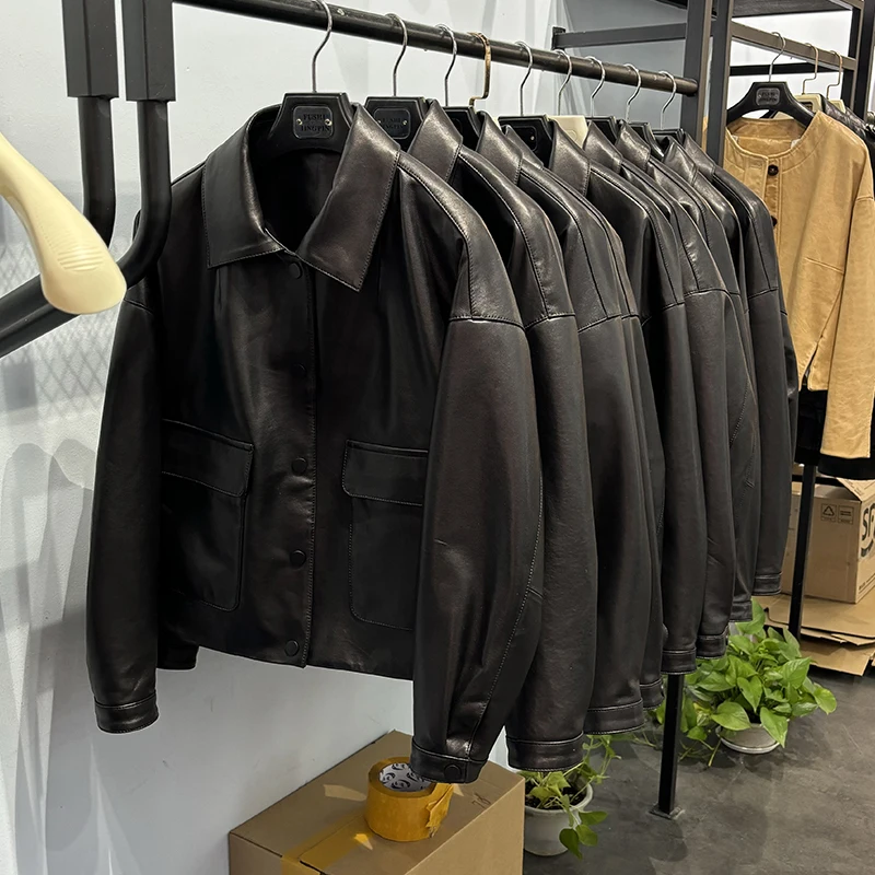 Frühling Hohe Qualität frauen Dame Schwarz Echtem Schaffell Leder Jacke Mantel Schlanke Echt Leder Mantel