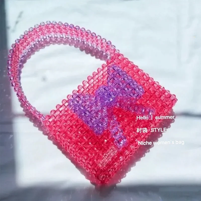 

Fashion Texture Bow Design Acrylic Crystal Bag New Cute Pink Splice Beaded Woven Women's Bags Summer Versatile Ladies Handbag