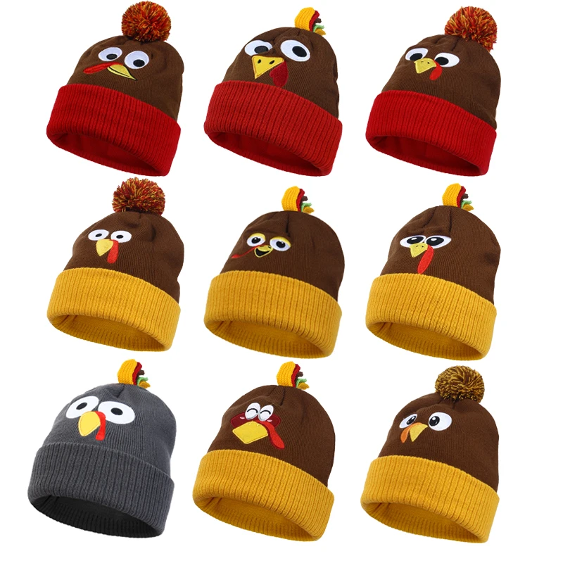 Autumn Winter Knitted Turkey Hat Thanksgiving Parent-child Warmth Thickened Personalized Acrylic Embroidered Knitted Beanie Hat